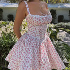Pink A-Line Off-the-Shoulder Floral Print Trim Short Homecoming Dress