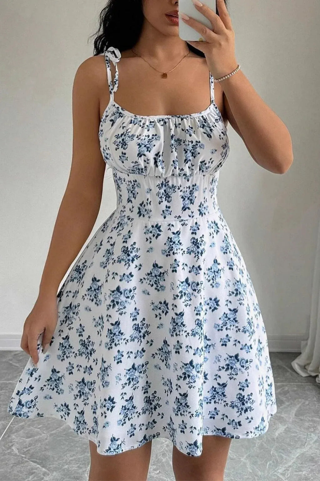 Blue A-Line Spaghetti Strap Tie Corset Floral Print Mini Homecoming Dress