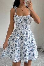Blue A-Line Spaghetti Strap Tie Corset Floral Print Mini Homecoming Dress