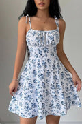 Blue A-Line Spaghetti Strap Tie Corset Floral Print Mini Homecoming Dress
