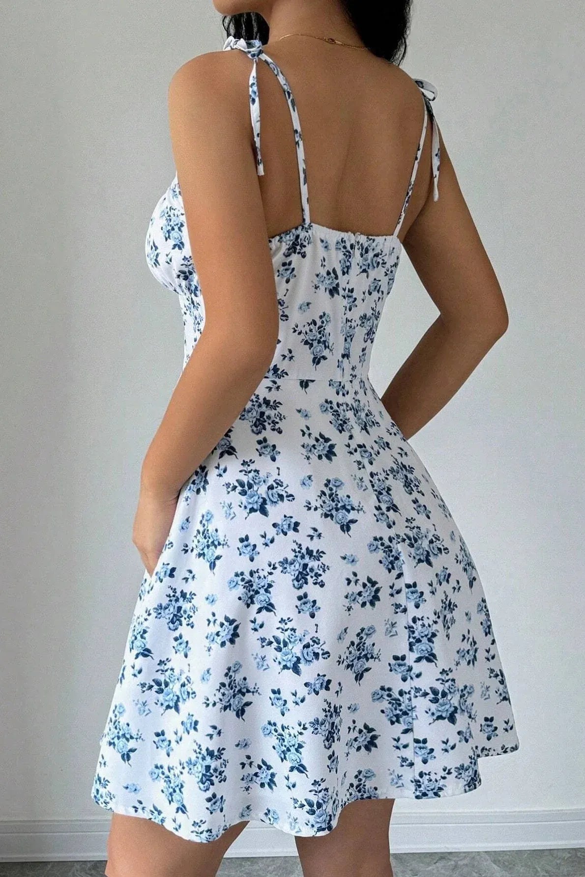 Blue A-Line Spaghetti Strap Tie Corset Floral Print Mini Homecoming Dress