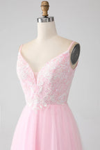 Lovely A-Line Spaghetti Strap Sequins Beaded Tulle Pink Maxi Prom Dress