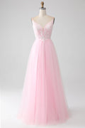 Lovely A-Line Spaghetti Strap Sequins Beaded Tulle Pink Maxi Prom Dress