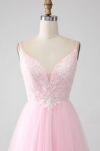 Lovely A-Line Spaghetti Strap Sequins Beaded Tulle Pink Maxi Prom Dress