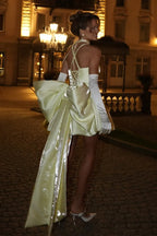 Yellow A Line Homecoming Dress With Sweetheart Neckline Oversized Bow Back And Dramatic Train For Teens