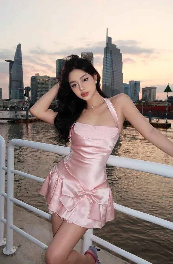 Pink Satin Short Homecoming Dress With Halter Neck A Line Lace Bodice Bow Waist And Ruffled Hem For Teens