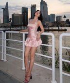 Pink Satin Short Homecoming Dress With Halter Neck A Line Lace Bodice Bow Waist And Ruffled Hem For Teens