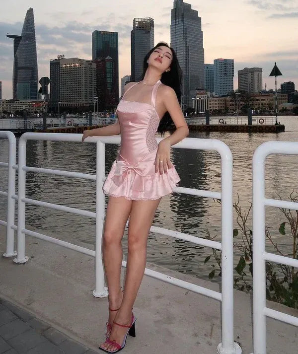 Pink Satin Short Homecoming Dress With Halter Neck A Line Lace Bodice Bow Waist And Ruffled Hem For Teens