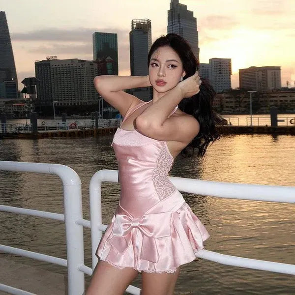 Pink Satin Short Homecoming Dress With Halter Neck A Line Lace Bodice Bow Waist And Ruffled Hem For Teens