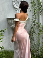 Blush Pink Mermaid Off-Shoulder Ruched Lace-Up Blush Floor-Length Prom Dress
