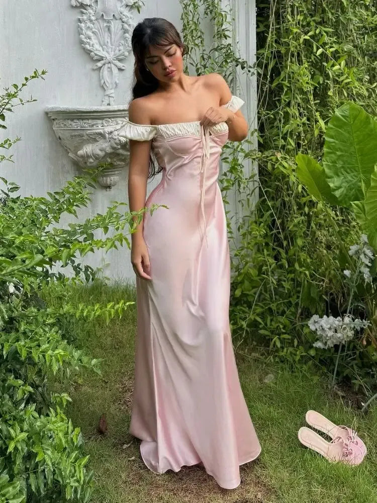 Blush Pink Mermaid Off-Shoulder Ruched Lace-Up Blush Floor-Length Prom Dress