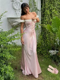 Blush Pink Mermaid Off-Shoulder Ruched Lace-Up Blush Floor-Length Prom Dress