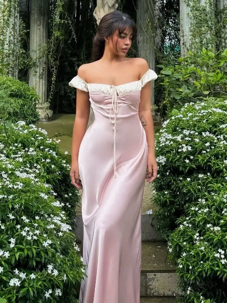 Blush Pink Mermaid Off-Shoulder Ruched Lace-Up Blush Floor-Length Prom Dress