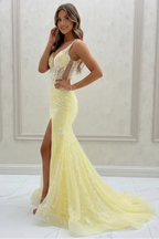 Mermaid Prom Dress With V Neck Corset Bodice And Train Featuring Sheer Lace Beading For Prom Night Glamour