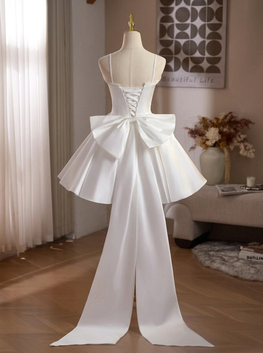 White A-Line Spaghetti Straps Bow-Back Mini Homecoming Dresses