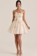 A-Line Strapless Floral Applique Pearl Champagne Short Homecoming Dresses
