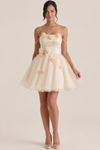 A-Line Strapless Floral Applique Pearl Champagne Short Homecoming Dresses