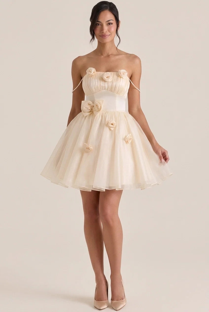 A-Line Strapless Floral Applique Pearl Champagne Short Homecoming Dresses
