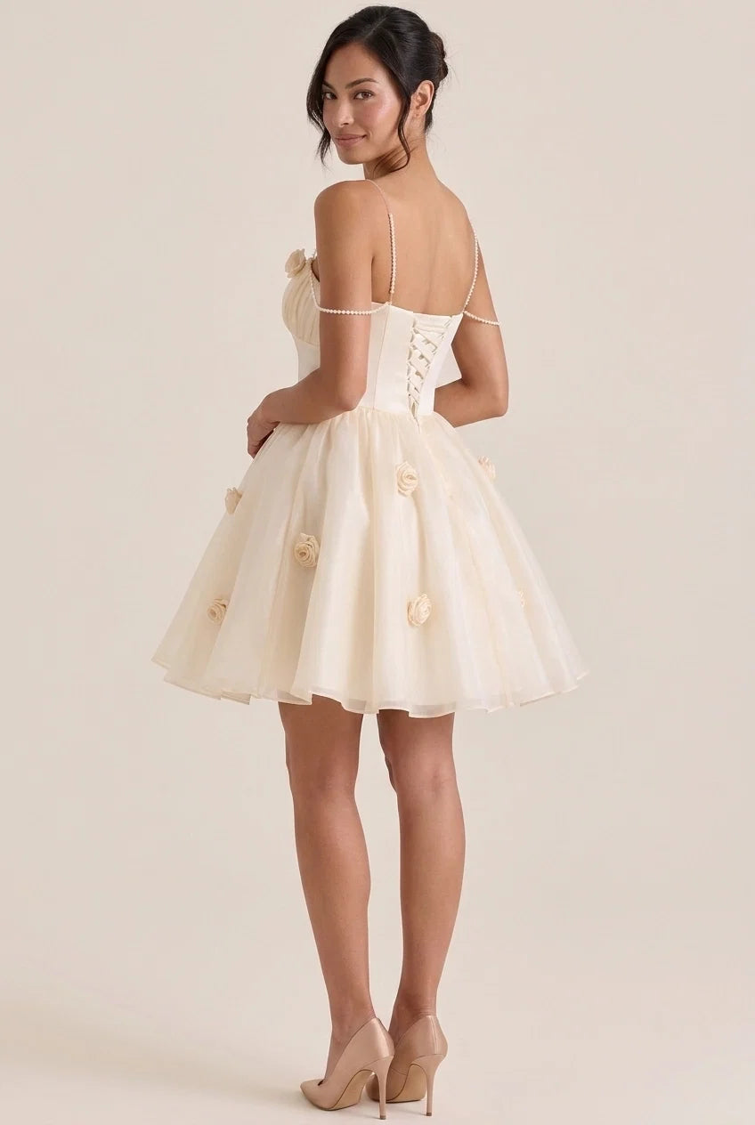 A-Line Strapless Floral Applique Pearl Champagne Short Homecoming Dresses