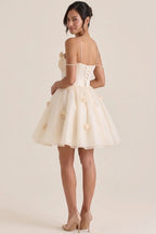 A-Line Strapless Floral Applique Pearl Champagne Short Homecoming Dresses