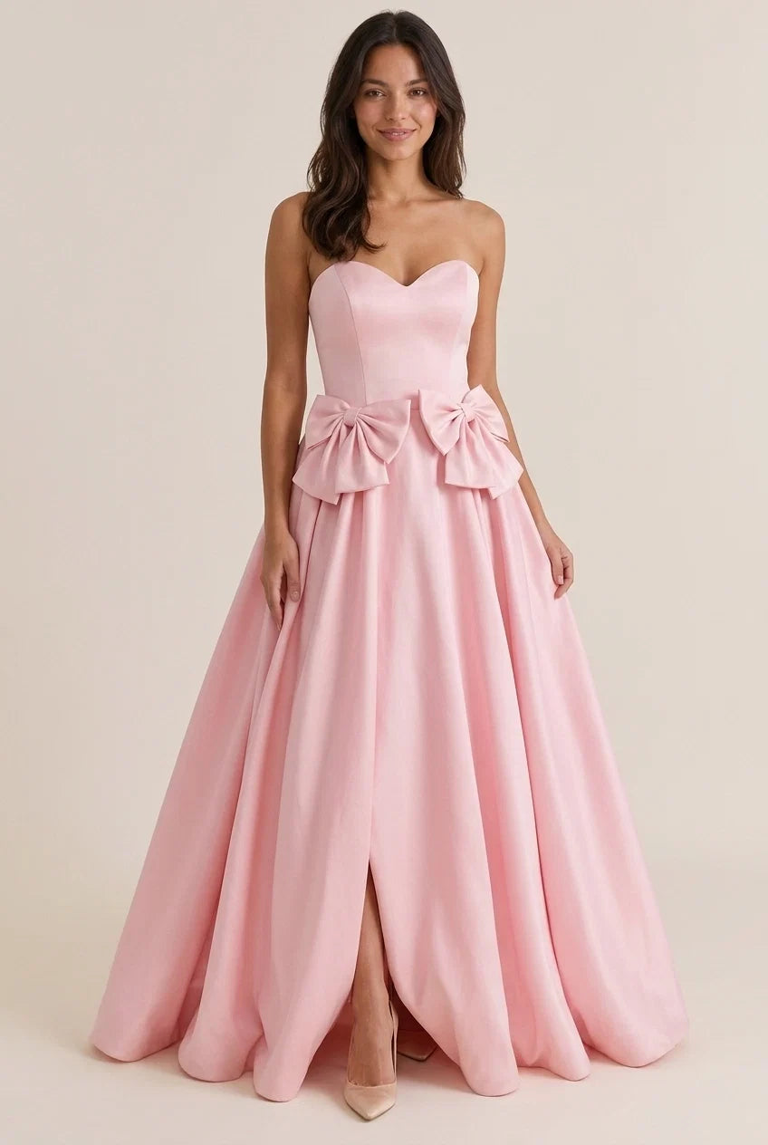 Pink A-Line Sweetheart Bow Floor-Length Prom Dress