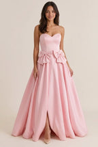 Pink A-Line Sweetheart Bow Floor-Length Prom Dress