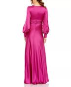 Luminous A Line Deep V Neck Puff Sleeve Ruched Back Floor Length For Adults Prom Dress ﻿
