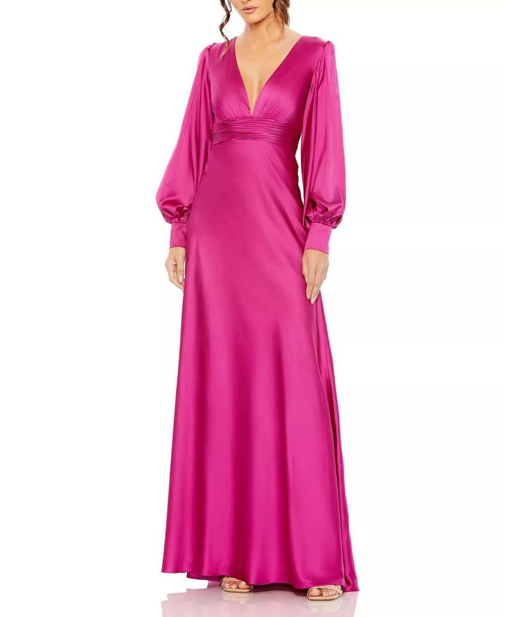 Luminous A Line Deep V Neck Puff Sleeve Ruched Back Floor Length For Adults Prom Dress ﻿