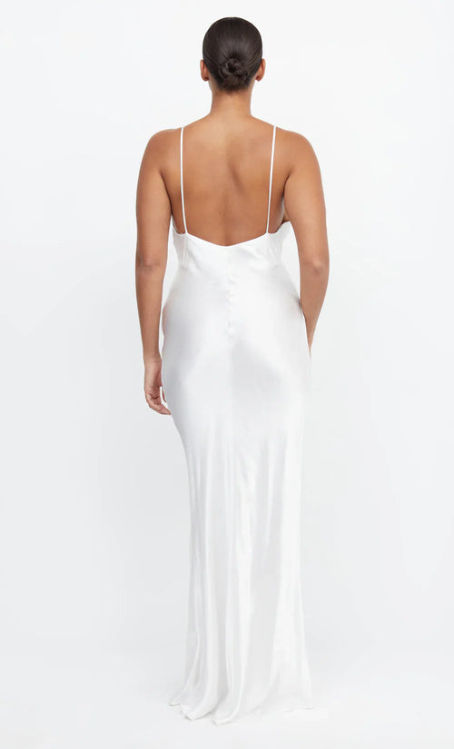 Robe de bal longue en satin lumineuse, col en V, fines bretelles et dos ouvert pour femme