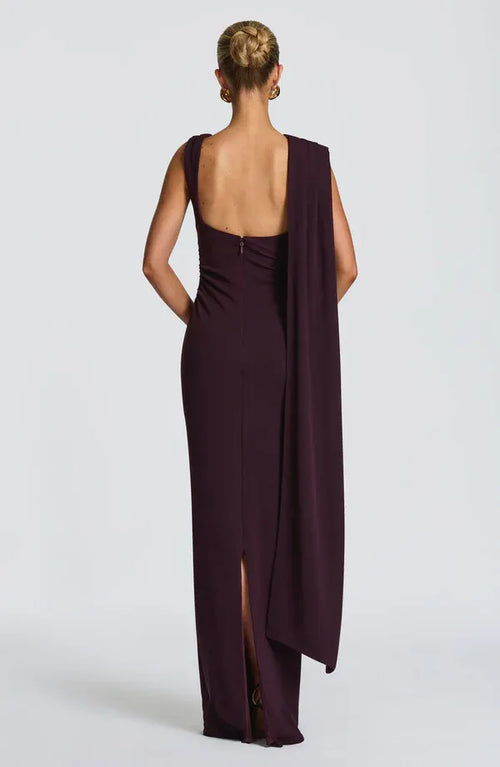 Robe de Soirée Longue Sirène Épaule Dénudée avec Manches Drapees et Dos Ouvert à Vendre