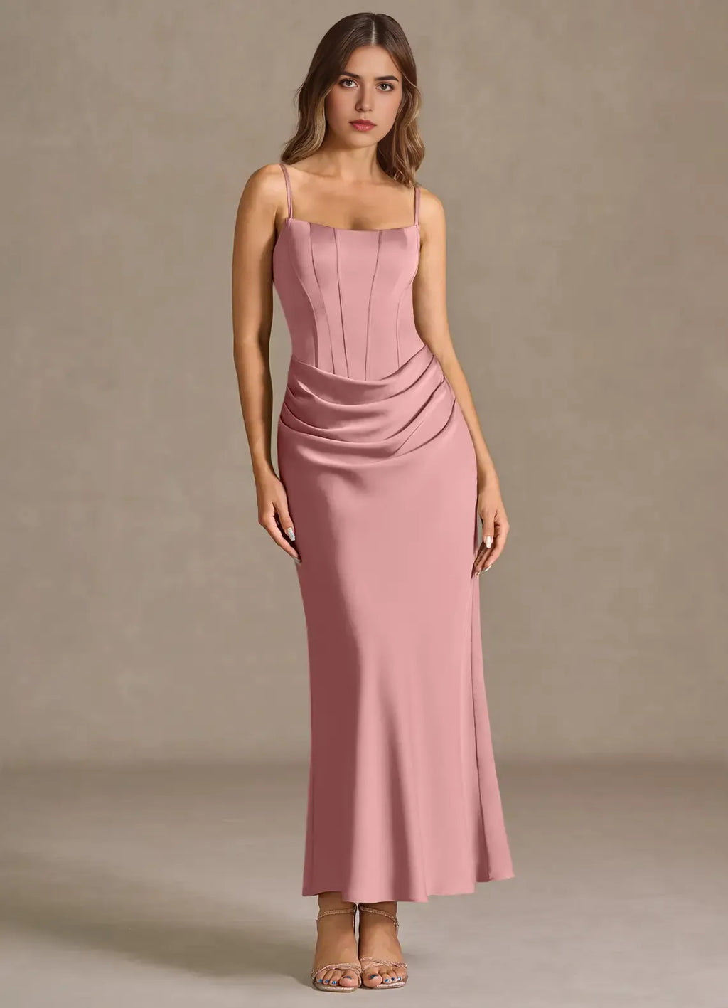 Lush Mermaid Square Neck Spaghetti Strap Ruched Accent Lace Up Back Floor Length For Women Prom Dress