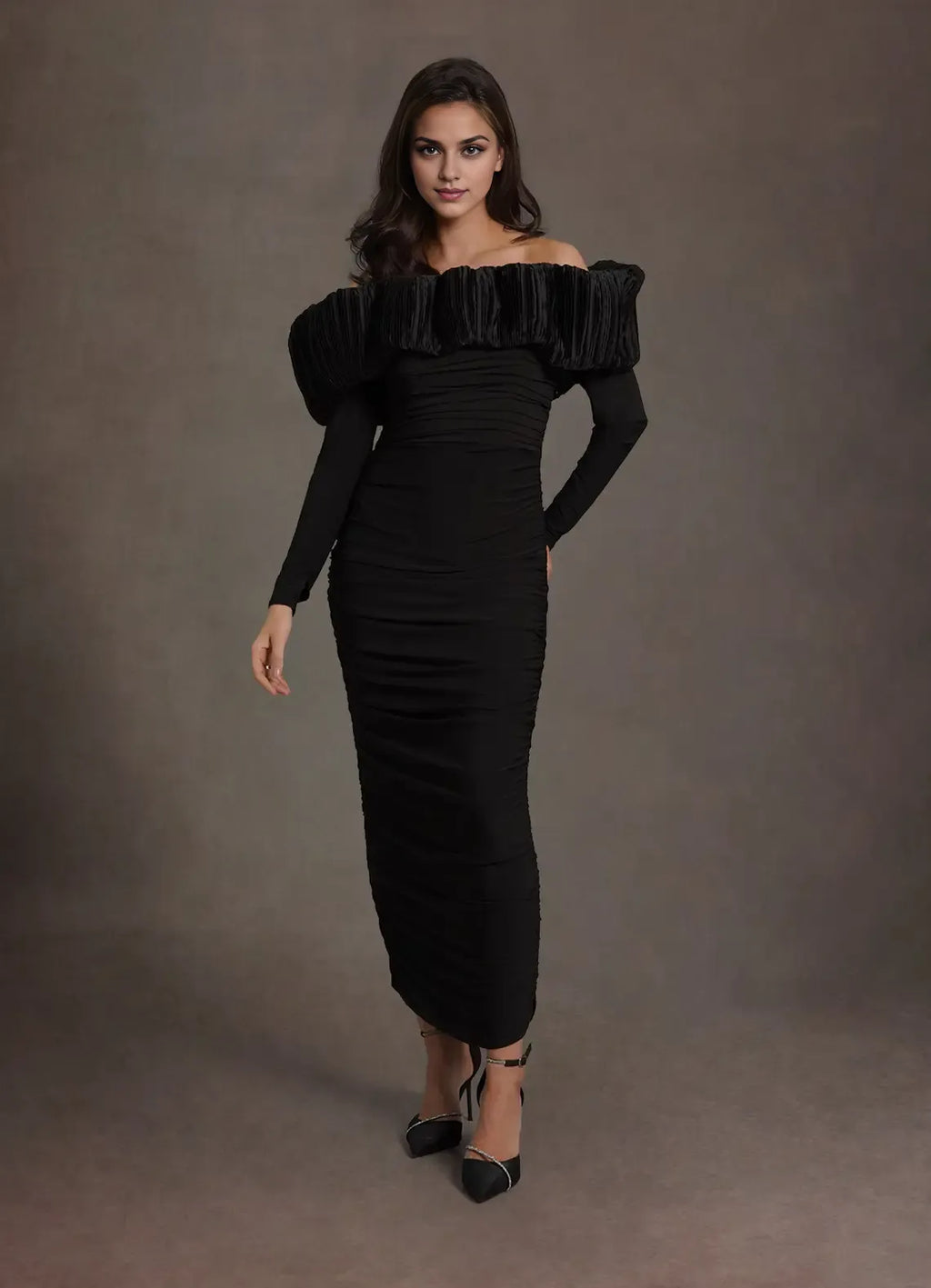 Lush Sheath Off Shoulder Long Sleeve Open Back Midi Length For Ladies Prom Dress