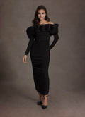 Lush Sheath Off Shoulder Long Sleeve Open Back Midi Length For Ladies Prom Dress