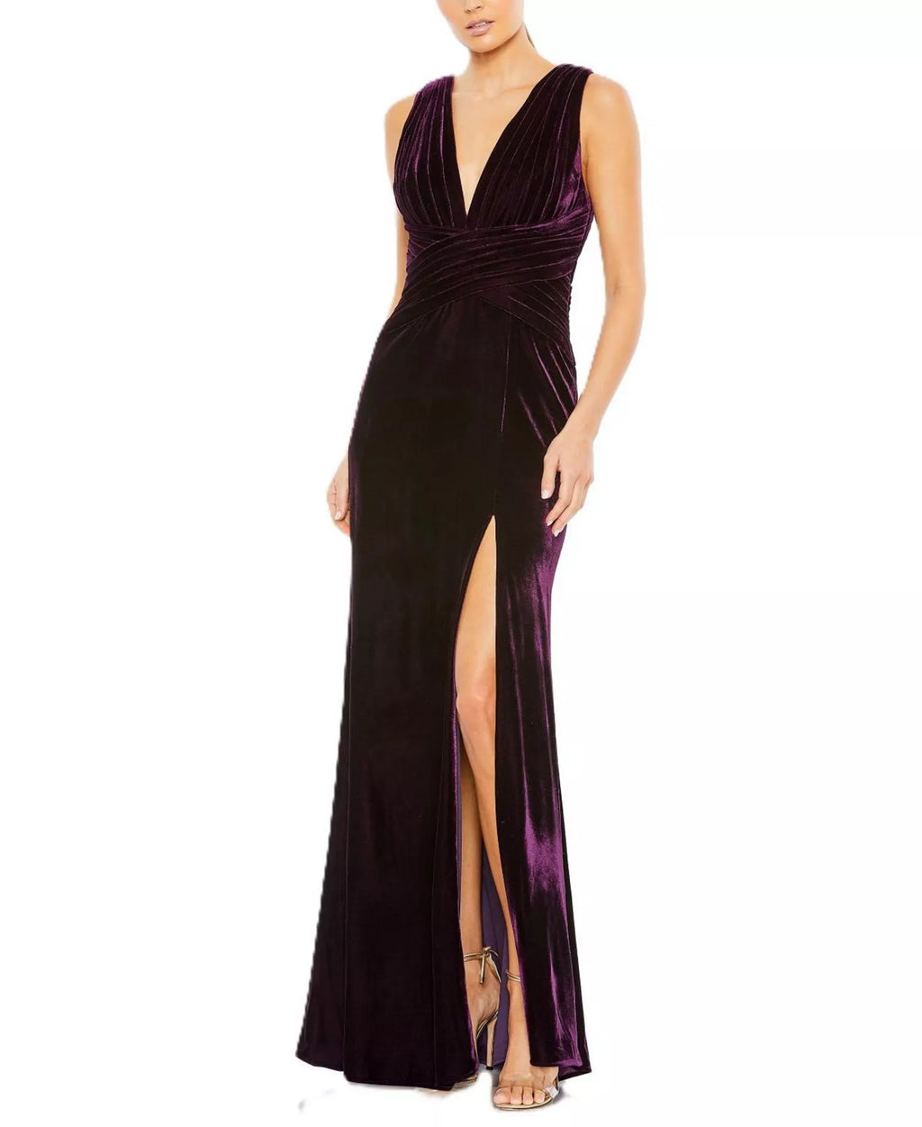 Lush Trumpet Deep V Neck Sleeveless Ruched Back Floor Length Female Prom Dress