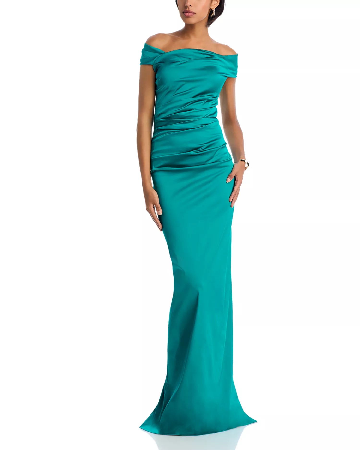 Lush Trumpet Off the Shoulder Short Sleeve Ruched Back Train Length For Sale Prom Dress