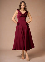 Lustrous A Line Cowl Neck Sleeveless Open Back Midi Length For Sale Prom Dress