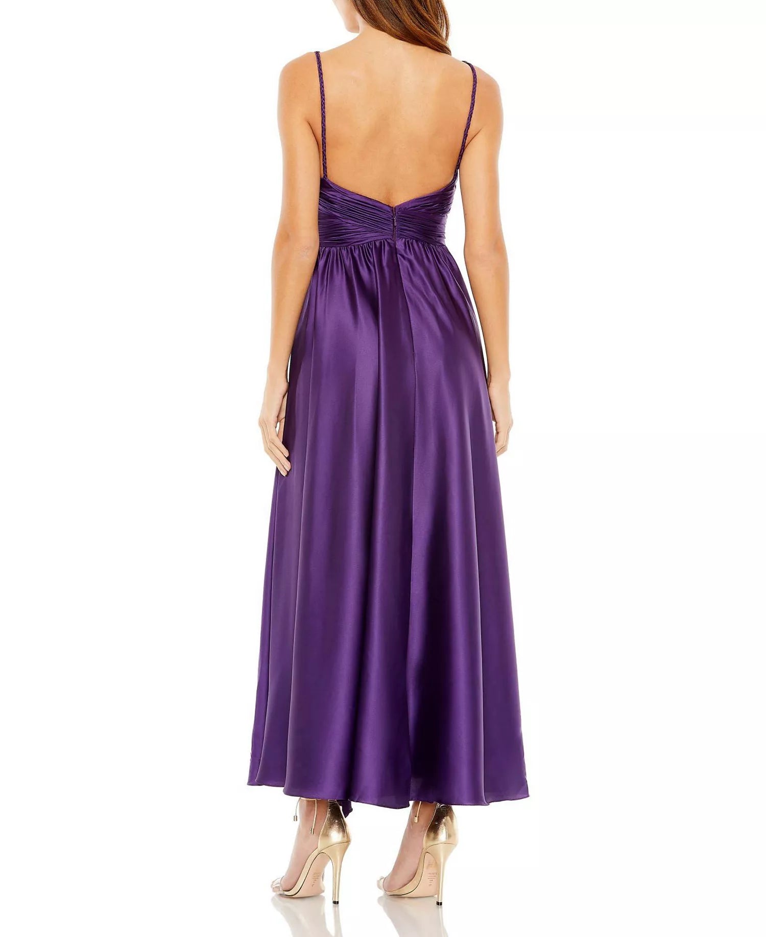 Lustrous A Line Deep V Neck Thin Strap Plunging Back Midi Length For Adults Prom Dress