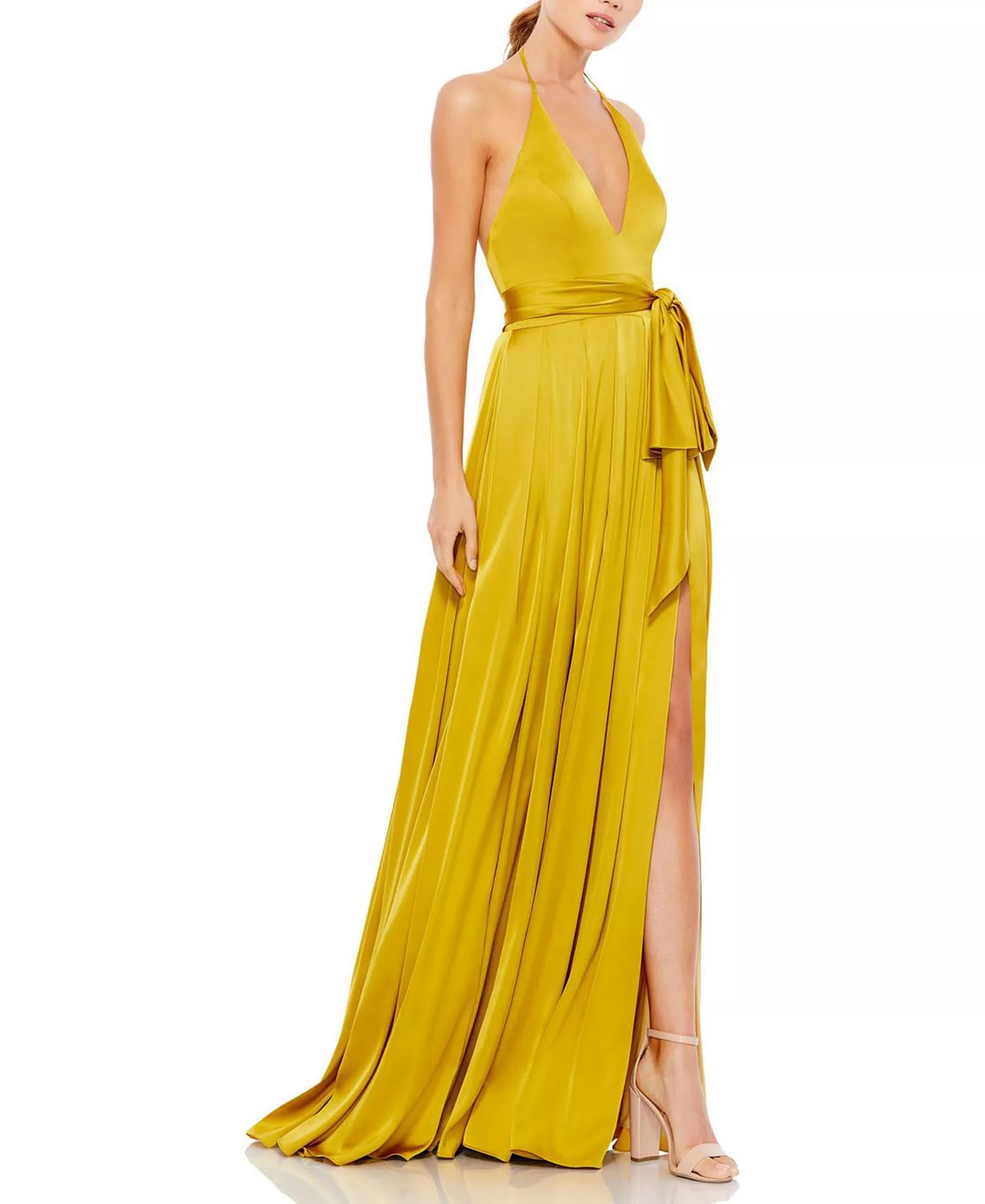 Lustrous A Line Halter Neck Sleeveless Open Back Train Length Hot Sale Prom Dress