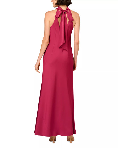 Lustrous Column Halter Neck Sleeveless Bow Back Floor Length For Adults Prom Dress