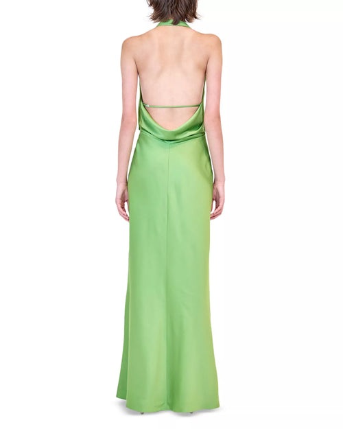 Robe de bal longue en satin brillant, coupe fourreau, dos nu, licou, sans manches, avec découpes