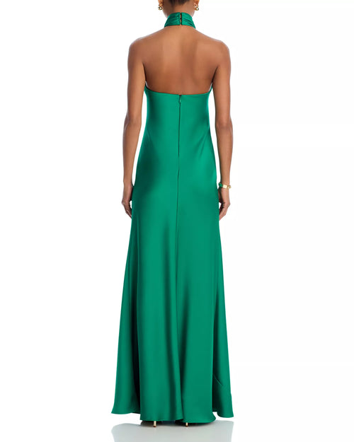 Robe de bal longue pour femme, en satin lustré, avec licou, sans manches, dos nu
