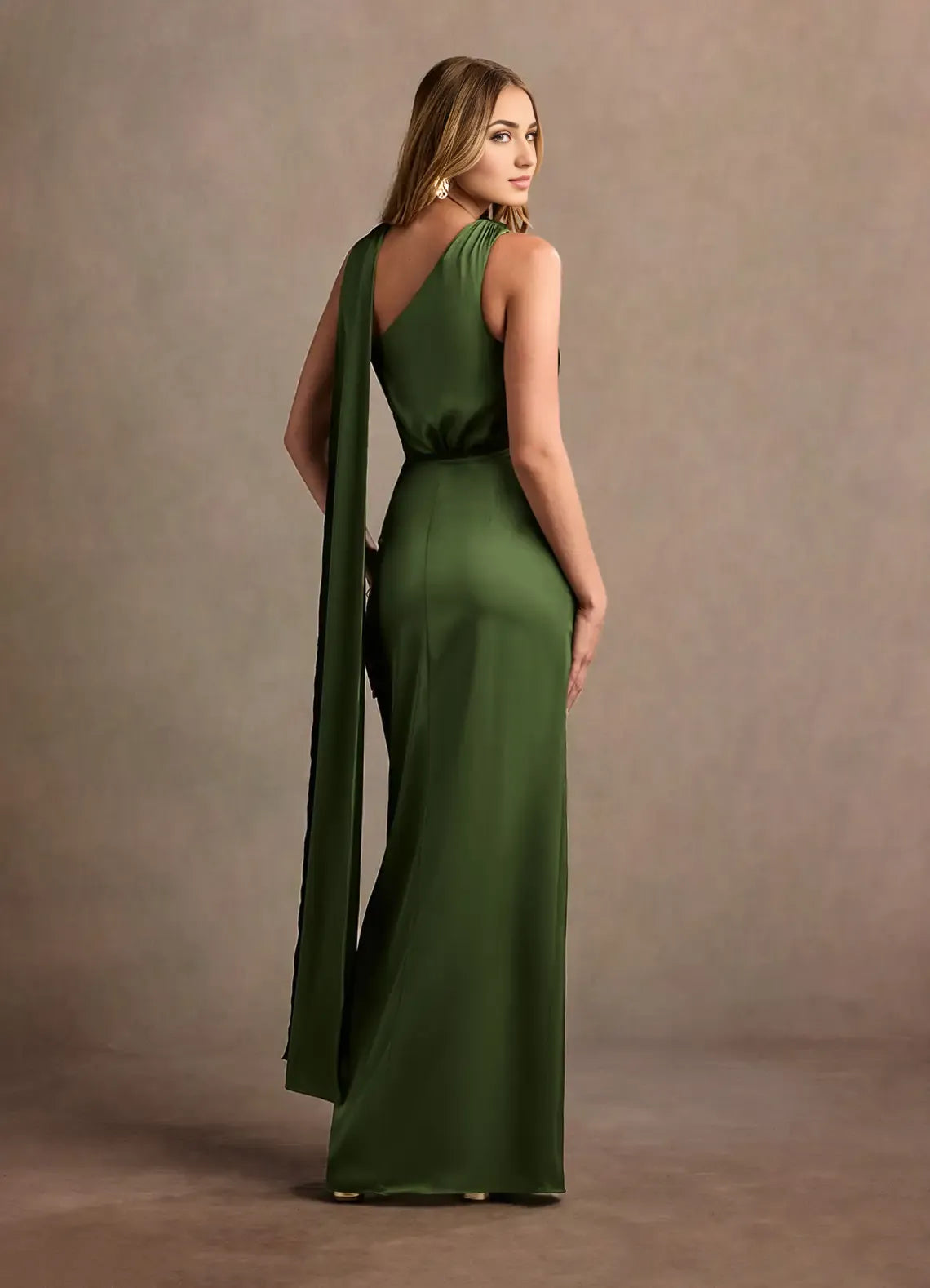 Lustrous Sheath Halter One Shoulder Drape Sleeve Open Back Floor Length For Sale Prom Dress