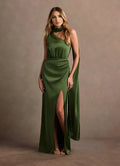 Lustrous Sheath Halter One Shoulder Drape Sleeve Open Back Floor Length For Sale Prom Dress