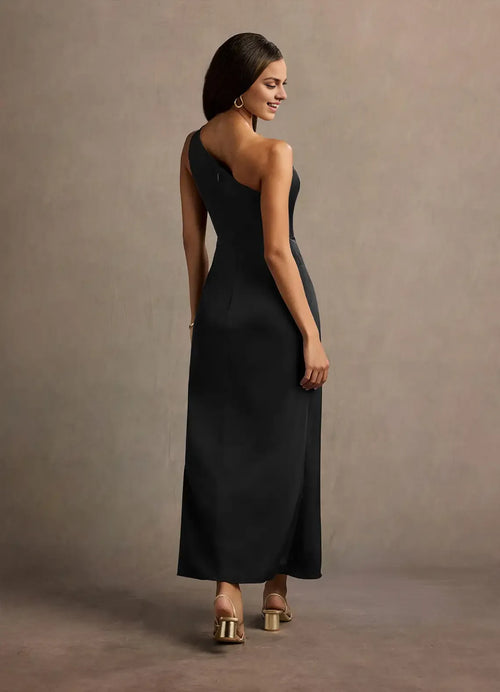 Robe de bal midi fourreau lustré asymétrique à épaule dénudée sans manches et dos ouvert à vendre