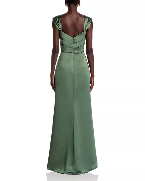 Robe de bal longue en satin brillant avec col carré, manches courtes et dos en V pour adultes