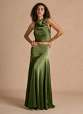 Lustrous Two Piece Mermaid Halter Neck Sleeveless Open Back Floor Length Female Prom Dress