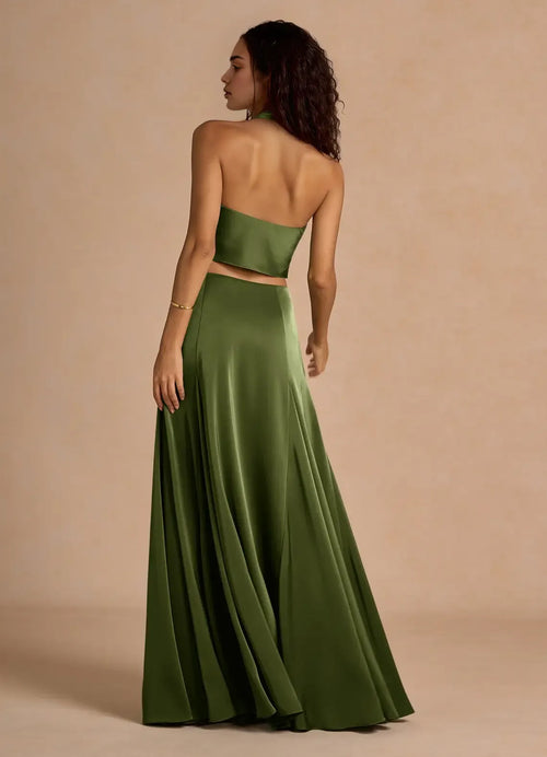 Lustrous Two Piece Mermaid Halter Neck Sleeveless Open Back Floor Length Female Prom Dress