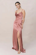 Lustrous Dusty Rose Satin Cowl-Neck Spaghetti-Strap Full-Length Bridesmaid Gown