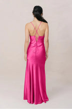 Lustrous Satin Bridesmaid Dresses with Cowl Neckline, Lace-Up Back and High Slit Skirt Formal Gown
