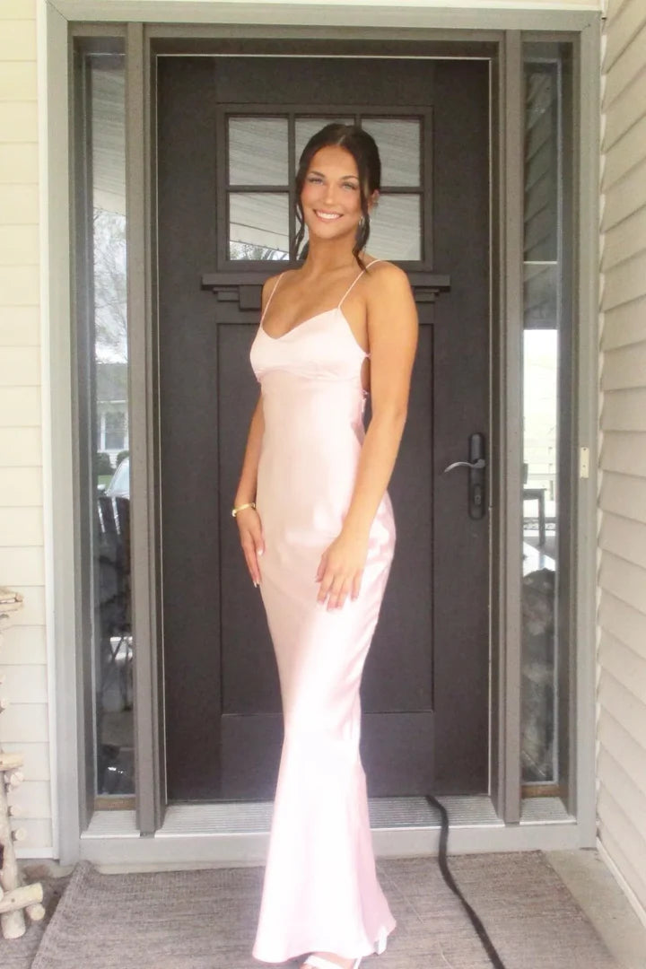 Blush Pink Satin Spaghetti-Strap Lace-Up Back Floor-Length Prom Dress